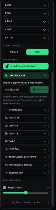 Player model, draw mode and the side panel sections