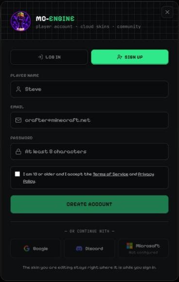The sign-up window
