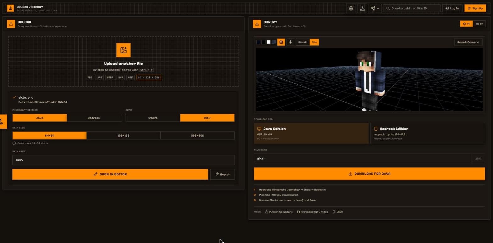 The Upload side of the Upload / Export page